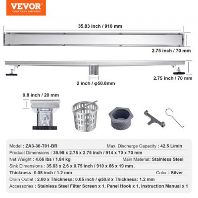 VEVOR Sifón de Suelo 609x70 mm Desagüe de Ducha Italiano Lineal con Tapa para Inserción en Azulejos Filtro de Pelo de Acero Inoxidable 304 Cepillado Desagüe de Suelo Rectangular con Patas, Plata