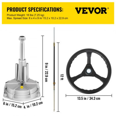 VEVOR Kit de dirección hidráulica fueraborda con cable SS13712 de 3,36 m y volante de 13,5