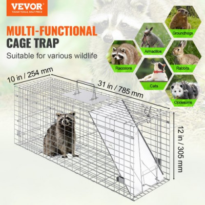 VEVOR Trampa para Animales 785x254x305 mm Jaula Plegable para Trampa para Gatos Alambre Galvanizado sin Crueldad con Asa Trampa para Conejos, Gatos Callejeros, Ardillas, Mapaches, Marmotas, Zarigüeyas