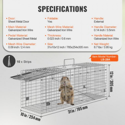 VEVOR Trampa para Animales 785x254x305 mm Jaula Plegable para Trampa para Gatos Alambre Galvanizado sin Crueldad con Asa Trampa para Conejos, Gatos Callejeros, Ardillas, Mapaches, Marmotas, Zarigüeyas