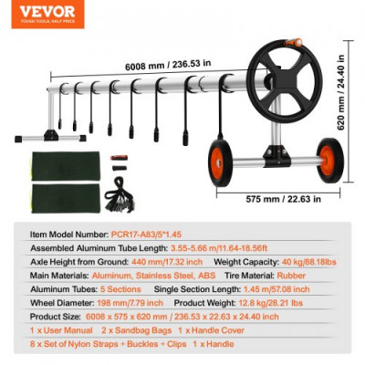 VEVOR Carrete de Lona Cubierta Solar para Piscina de Aluminio 3,55-5,66 m con Ruedas de Goma y Sacos de Arena Sistema Enrollable de Lona para Piscinas Enterradas Hogar Exterior Público