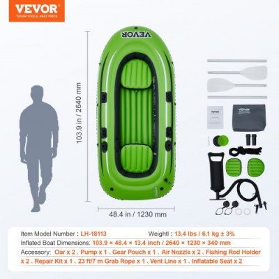 VEVOR Barco inflable, barco de pesca inflable para 3 personas, kayak de PVC resistente, con remos de aluminio de 46 pulgadas, bomba de alta eficiencia, carga de 700 libras para adultos y niños