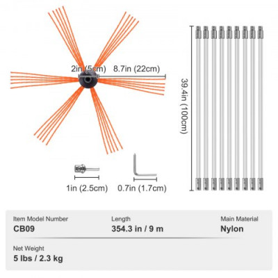VEVOR Kit de Deshollinador de Chimeneas 9 m Cepillo de Limpieza de 360° con 9 Varillas Flexibles Nailon Accesorios para Conductos de Chimeneas Uso