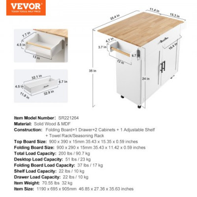 Carro de Cocina con Tapa de Madera Maciza, 90 cm Carro Móvil con Armario de Almacenamiento sobre Ruedas, Mesa de Cocina Rodante con Estante de Especias, Toallero, Hoja Abatible y Cajón, Blanco