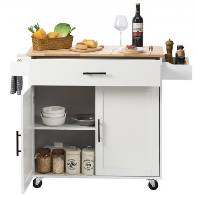 Carro de Cocina con Tapa de Madera Maciza, 90 cm Carro Móvil con Armario de Almacenamiento sobre Ruedas, Mesa de Cocina Rodante con Estante de Especias, Toallero, Hoja Abatible y Cajón, Blanco