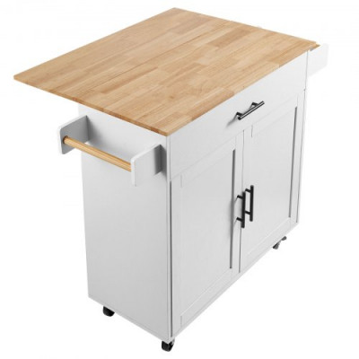 Carro de Cocina con Tapa de Madera Maciza, 90 cm Carro Móvil con Armario de Almacenamiento sobre Ruedas, Mesa de Cocina Rodante con Estante de Especias, Toallero, Hoja Abatible y Cajón, Blanco