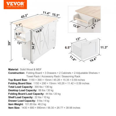 Carro de Cocina con Tapa de Madera Maciza, 115 cm Carro Móvil con Armario de Almacenamiento sobre Ruedas, Mesa de Cocina Rodante con Estante de Especias, Toallero, Hoja Abatible y Cajón, Blanco