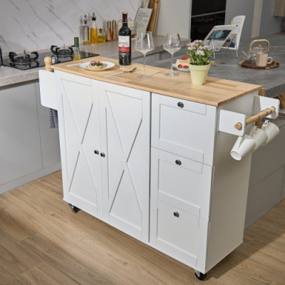 Carro de Cocina con Tapa de Madera Maciza, 115 cm Carro Móvil con Armario de Almacenamiento sobre Ruedas, Mesa de Cocina Rodante con Estante de Especias, Toallero, Hoja Abatible y Cajón, Blanco