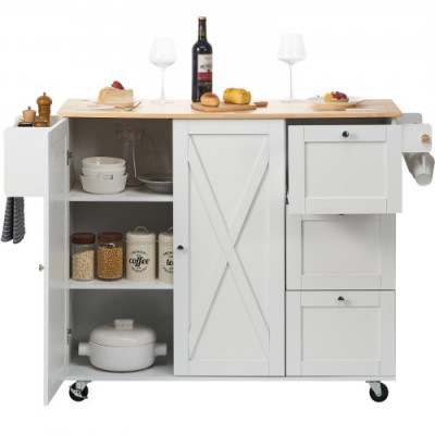 Carro de Cocina con Tapa de Madera Maciza, 115 cm Carro Móvil con Armario de Almacenamiento sobre Ruedas, Mesa de Cocina Rodante con Estante de Especias, Toallero, Hoja Abatible y Cajón, Blanco