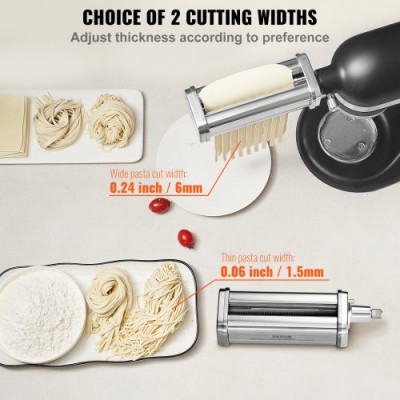 VEVOR Accesorios de Pasta para Procesador de Alimentos 3 Rodillos para Pasta con Cortador de Espaguetis y Cortador de Fettuccine de Acero Inoxidable 8 Ajustes de Espesor 0,3-2 mm para Tortillas