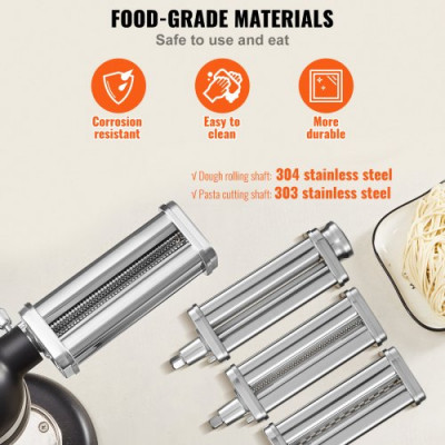 VEVOR Accesorios de Pasta para Procesador de Alimentos 3 Rodillos para Pasta con Cortador de Espaguetis y Cortador de Fettuccine de Acero Inoxidable 8 Ajustes de Espesor 0,3-2 mm para Tortillas