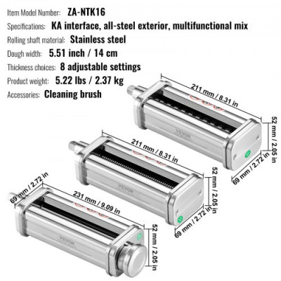 VEVOR Accesorios de Pasta para Procesador de Alimentos 3 Rodillos para Pasta con Cortador de Espaguetis y Cortador de Fettuccine de Acero Inoxidable 8 Ajustes de Espesor 0,3-2 mm para Tortillas