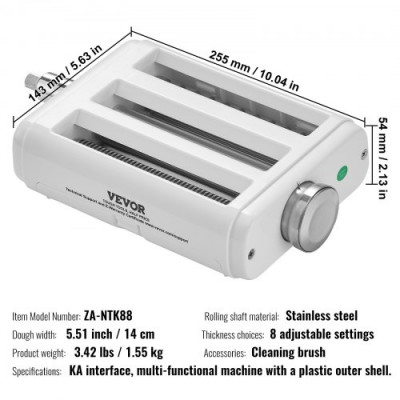 VEVOR Rodillo para Pasta 3 en 1 Accesorio para Pasta para Procesador de Alimentos con Laminador y 2 Rodillos Cortadores de Acero Inoxidable 8 Ajustes de Espesor 0,3-2 mm para Tortillas de Espaguetis