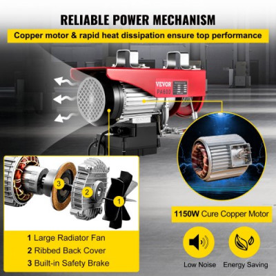 Polipasto Eléctrico 220 V / 1150 W Capacidad de Carga 297 KG / 594 KG Cabrestante Eléctrico con Remoto Inalámbrico 12 m / min, 6 m / min Herramienta de Elevación para Talleres de Tienda Casera