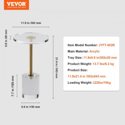 VEVOR Mesa auxiliar redonda Extremo de sofá acrílico Mesa de centro de 302x543 mm