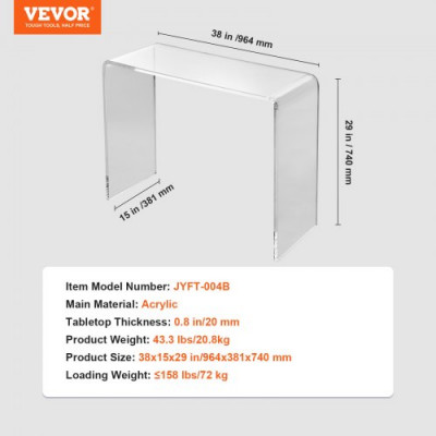 VEVOR Mesa Consola Mesa Auxiliar de Acrílico 964 x 381 x 740 mm para Salón