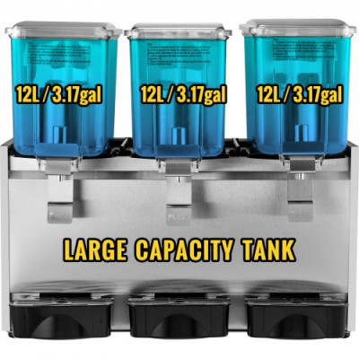 Máquina de Dispensador de Bebida 36 L, Máquina de Bebidas Frío con Tanques 12 L * 3, Máquina de Dispensador de Jugo 270 W, Máquina de Bebidas Frías de Acero Inoxidable Temperatura 5-12℃