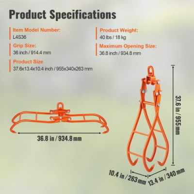 VEVOR Abrazadera Forestal para Troncos 914,4 mm Abrazadera de Elevación para Troncos de Madera Ganchos 4 Garras Giratorias Carga de 1500 kg Abrazadera de Acero para Tractores ATV Camiones Carretillas