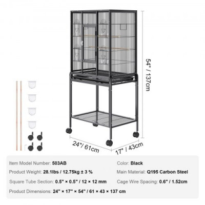 VEVOR Jaula para Pájaros 61x43x137 cm Jaula para Pájaros con Ruedas Enrollable Decorativa con Soporte Rodante Bandeja Desmontable Perchas Comederos para Varios Pájaros Loro Guacamayo Periquito Cacatúa