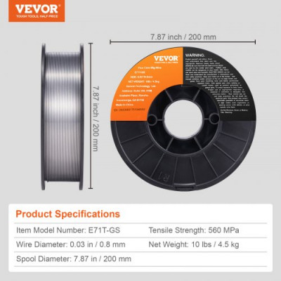 VEVOR Alambre de Soldadura MIG 0,8mm E71T-GS Bobina de Alambre de Soldadura de Núcleo Fundente Acero Blando sin Gas 200mm Resistencia a Tracción 560 MPa Arco Estable de Baja Salpicadura para Soldadura