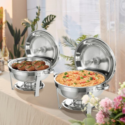 VEVOR 4 PCS Calentador de Alimentos 4 Bandejas de 5,38 L Calentador de Combustible Buffet de Acero Inoxidable Recipiente Redondo Mantiene Caliente para Servir Buffet de Autoservicio Catering de Hotel