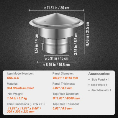 VEVOR Tapa de Chimenea Φ150 mm Sombrero de Chimenea Base Redonda Tapa de Cubierta de Acero Inoxidable 304 Protector contra Pájaros Viento y Lluvia con Accesorios para Varios Tipos de Chimeneas