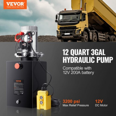 VEVOR Bomba Hidráulica DC 12 V 11 L Unidad Hidráulica de Acción Única Flujo de Aceite 3,44 L/min Presión Máxima de Descarga 22 MPa para Volquete, Plataforma Elevadora, Remolque, Elevación y Descarga