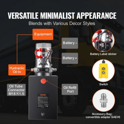 VEVOR Bomba Hidráulica DC 12 V 11 L Unidad Hidráulica de Acción Única Flujo de Aceite 3,44 L/min Presión Máxima de Descarga 22 MPa para Volquete, Plataforma Elevadora, Remolque, Elevación y Descarga