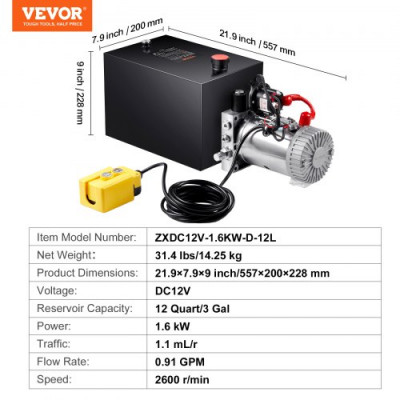 VEVOR Bomba Hidráulica DC 12 V 11 L Unidad Hidráulica de Acción Única Flujo de Aceite 3,44 L/min Presión Máxima de Descarga 22 MPa para Volquete, Plataforma Elevadora, Remolque, Elevación y Descarga