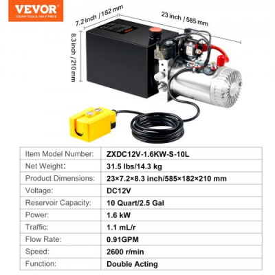 VEVOR Bomba Hidráulica DC 12 V 9,5 L Unidad Hidráulica de Doble Acción Flujo de Aceite 3,44 L/min Presión Máxima de Descarga 22 MPa para Volquete, Plataforma Elevadora, Remolque, Elevación y Descarga