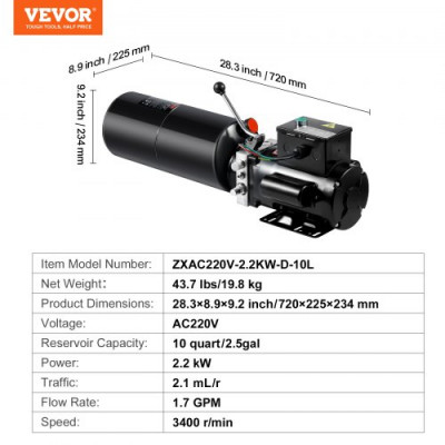 VEVOR Bomba Hidráulica AC 220 V 9,5 L Unidad Hidráulica de Acción Única Flujo de Aceite 6,4 L/min Presión Máxima de Descarga 22 MPa para Volquete, Plataforma Elevadora, Remolque, Elevación y Descarga