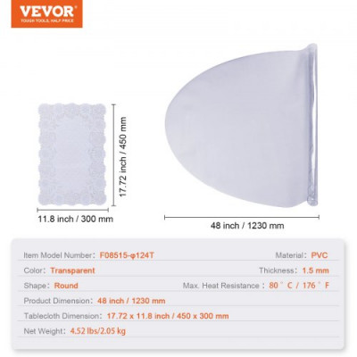 VEVOR Mantel Transparente Redondo 123 cm Mantel de PVC Transparente Espesor de 1,5 mm Impermeable Corta a Medida Protector de Mesa 45x30 cm Protector de Plástico para Mesa Comedor Cocina Restaurante