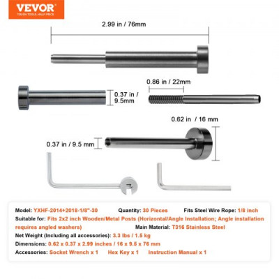 VEVOR Kit de barandilla de cable invisible 30 Piezas receptor invisible 1/8