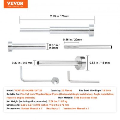 VEVOR Kit de barandilla de cable invisible 20 Piezas receptor invisible, extremo de perno de engarce de acero inoxidable T316 de 1/8