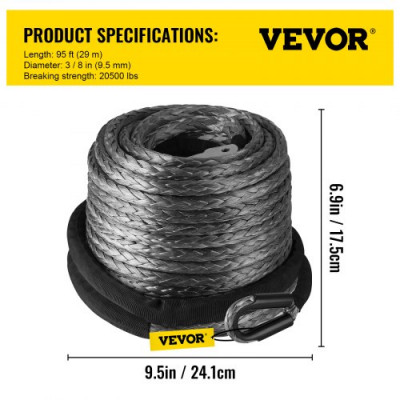 Cuerda de Cable de Cabrestante Sintética, 28,95 m x 9,5 mm Fuerza de Resistencia 20500 lb Línea de Cabrestante Sintética, Peso Bruto 4 kg Gris Cuerda de Cabrestante Sintética para Camión ATV