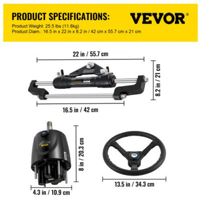 VEVOR Kit de dirección hidráulica fueraborda 300HP, kit de dirección hidráulica bomba de timón, kit de dirección hidráulica para barco con manguera de dirección hidráulica de 22 pies para sistema de d