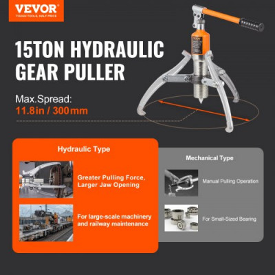 VEVOR Extractor De Engranajes Hidráulico 2 o 3 Patas de Acero Separador De Tracción De Rodamientos Capacidad de Tracción 15 T Extractor de Cojinetes Extensión de 304,8 mm para Desmontaje de Engranajes