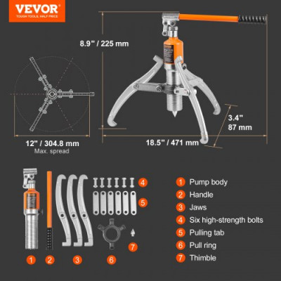 VEVOR Extractor De Engranajes Hidráulico 2 o 3 Patas de Acero Separador De Tracción De Rodamientos Capacidad de Tracción 15 T Extractor de Cojinetes Extensión de 304,8 mm para Desmontaje de Engranajes