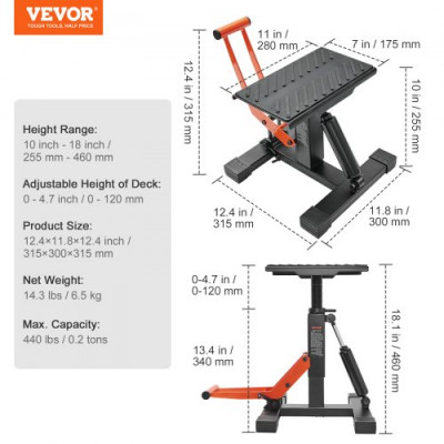 VEVOR Gato para Moto Carga de 200 kg Altura de Elevación 25,5-46 cm Elevador Hidráulico con Sillines Antideslizantes Mesa Elevadora para Moto Elevación Rápida para Mantenimiento ATV Taller Garaje