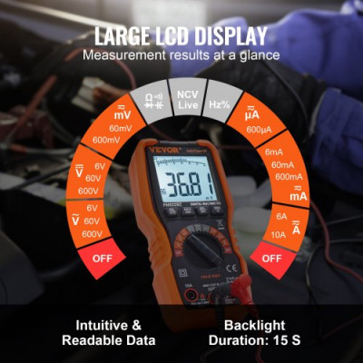 VEVOR Multímetro Digital 4000 Cuentas CA CC Multímetro Voltaje Resistencia Capacitancia NVC TRMS Diodos Ciclo Uso con Sonda de Prueba para Sectores Energía Ferrocarriles Fabricación Equipos