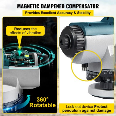 Nivel Óptico Automático 24X Nivel Óptico Impermeable Apertura 40 mm Clasificación IP54 Professional Nivel Óptico Rango de Medición 120 m con Compensador Amortiguado Magnético para Construcción