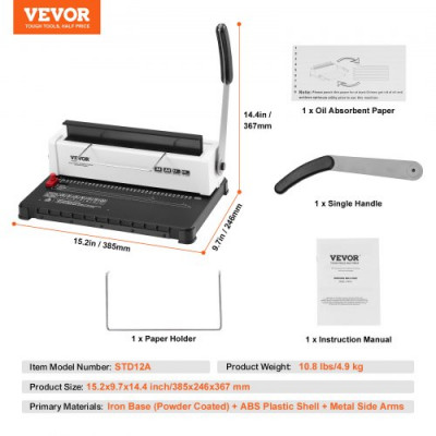 VEVOR Encuadernadora para tamaño carta A4 A5 Encuadernadora en espiral manual de 34 orificios 120 hojas a la vez Perforadora de anillas con 100 lomos de encuadernación en espiral de 8 mm para oficina