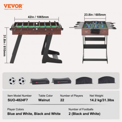 VEVOR Mesa de futbolín plegable de tamaño estándar de 42 pulgadas, juego de futbolín para interiores, fútbol de mesa con 2 pelotas, para el hogar, familia, viajes, sala de juegos, bar, club de ocio