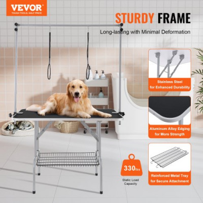 VEVOR Mesa Plegable de Aseo para Mascotas 1137,9x609,6 mm Mesa de Aseo para Perros Carga de 149,7 kg Mesa de Peluquería para Perros de Acero Inoxidable con 2 Pinzas 2 Cuerdas Cesta de Almacenamiento