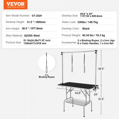 VEVOR Mesa Plegable de Aseo para Mascotas 1137,9x609,6 mm Mesa de Aseo para Perros Carga de 149,7 kg Mesa de Peluquería para Perros de Acero Inoxidable con 2 Pinzas 2 Cuerdas Cesta de Almacenamiento