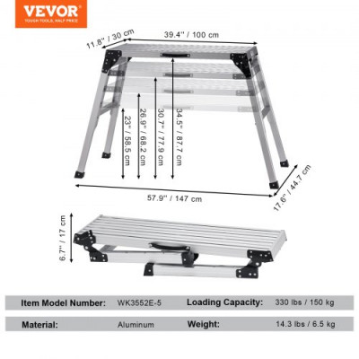 VEVOR Plataforma de Trabajo Altura Ajustable Carga de 150 kg Banco de Trabajo Plegable 100x30x87,7 cm Escalón de Aluminio Antideslizante Mesa de Trabajo para Lavado de Vehículos Pintura Decoración