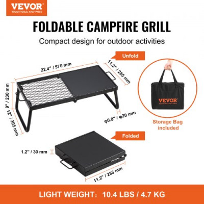 VEVOR Parrilla Plegable para Fogata 57x28,5x23 cm Parrilla Portátil de Acero para Fuego de Campamento Equipo de Cocina para Fogata con Bolsa de Transporte con Patas Parrilla para Cocinar al Aire Libre