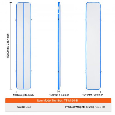 VEVOR Colchoneta Inflable de Gimnasia de 10 cm de Grosor, Pista de Acrobacia con Bomba eléctrica, Colchoneta de Entrenamiento para Uso doméstico/Gimnasio/Yoga/animadoras/Playa/Parque/Agua, 6 m, Azul