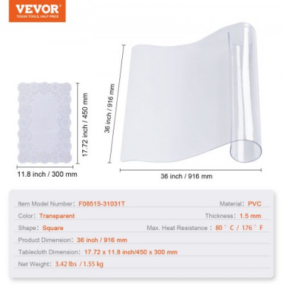 VEVOR Mantel Transparente Cuadrado 91,6x91,6 cm Mantel de PVC para Mesa Espesor de 1,5 mm con Esquinas Redondeadas Protector de Mesa Impermeable 45x30 cm Corta a Medida para Comedor Cocina Restaurante