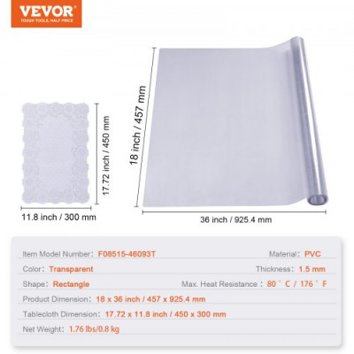 VEVOR Mantel Transparente Rectángulo 45,7x92,5 cm Mantel de PVC para Mesa Espesor de 1,5mm con Esquinas Redondeadas Protector de Mesa Impermeable 45x30cm Corta a Medida para Comedor Cocina Restaurante